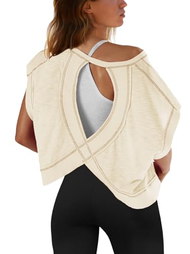 Image of SENSERISE Womens Open Back Workout Tops Backless Short Sleeve Athletic Shirt Running Crop Top Gym Yoga Tee
