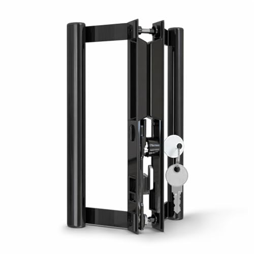 T-HAKEN Sliding Glass Door Handle Set with Interior and Exterior Handles, 6-5/8", Fits 1" to 1-1/8" Thick Doors. (Black-Round Tube, Straight Tube Handle with Key)