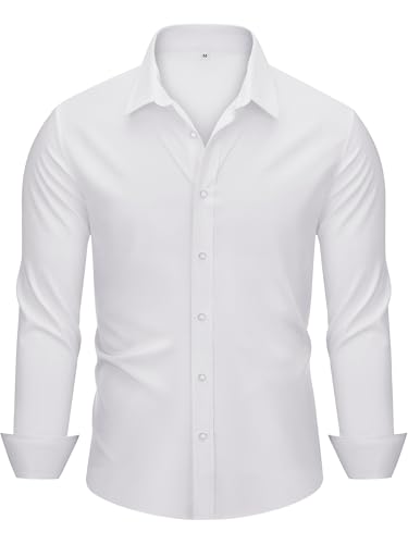 Autsel Camisa para Hombre Manga Larga Slim Fit, Camisa de Vestir Casual Botón Abajo Lisa, Elegante para Oficina Trabajo Negocios Boda Fiesta, Transpirable Primavera Verano Blanco M