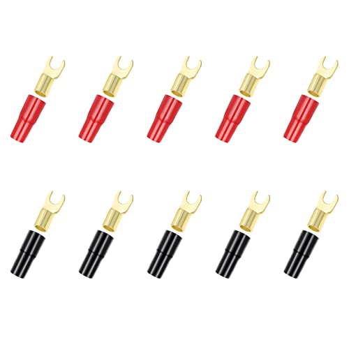 VICASKY 5 Pairs Copper Gold Plated 8 Gauge Strip Spade Terminal Spade Fork Adapters Connectors Plugs Crimp Barrier Spades for Speaker Wire Cable Terminal Plug 8GA ()
