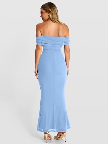 Caracilia Women’s Off Shoulder Maxi Wedding Guest Dress Summer Bodycon High Split Mesh Formal Cocktail Evening Party Dresses Blue X-Large — view 4
