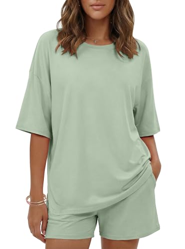 Image of Ekouaer Women's Two Piece Lounge Set Oversized Boxy T-shirt Casual Short Sets Summer Travel Matching Set 2026 Fashion