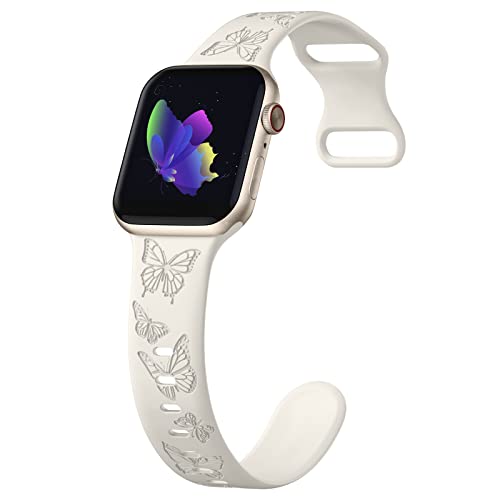 Image of Butterfly Engraved Bands Compatible with Apple Watch Band 41mm 40mm 38mm 49mm 46mm 49mm 46mm 45mm 44mm 42mm Women, Silicone Sport Strap for iWatch Series SE 10 9 8 7 6 5 4 3 2 1 SE Ultra