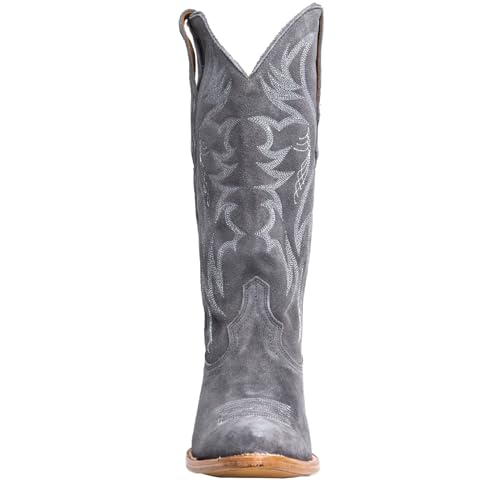 Womens Faux Suede Embroidered Cowboy Boots Pointed Toe Chunky Heel Cowboy Boots Pull On Womens Fashion Mid Calf Boots4