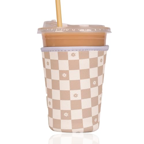 Image of Reusable Insulated Sleeve for Iced Coffee Cup, Coffee Neoprene Sleeve for Cold & Hot Drinks, Beverage Holder for Iced Coffee (Floral Checkers, Medium: 22-24oz)