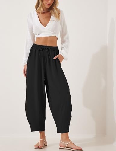 Lviefent Women Wide Leg Capri Pants Casual Elastic Waist Cropped Beach Palazzo Barrel Pants with Pockets2