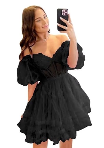 Off Shoulder Tulle Homecoming Dresses for Teens Puffy Sleeves Sweetheart Ruffles Short Prom Dresses
