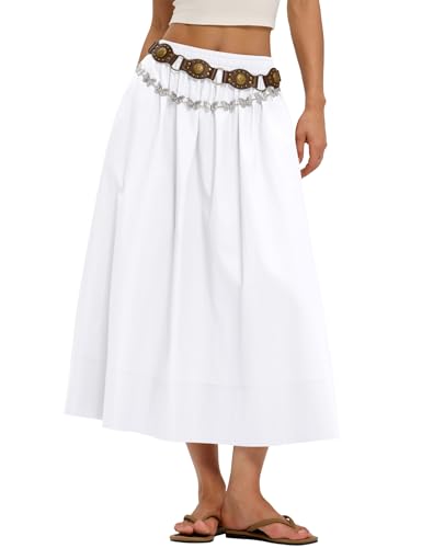 LOMON White Midi Skirts for Women A-Line Cotton Flowy Maxi Skirt Boho Summer Beach Casual Elastic Waist Dress Outfit with Pockets (White M)