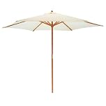 Harbour Housewares Natural Garden Parasol - 2.7m - Pulley Operated Hardwood Pole Wooden Garden Umbrella with Green Base UV Sun Protection Umbrella for Picnics and Beach Days