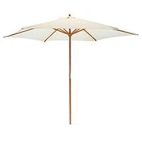 Harbour Housewares Natural Garden Parasol - 2.7m - Pulley Operated Hardwood Pole Wooden Garden Umbrella with Green Base UV Sun Protection Umbrella for Picnics and Beach Days