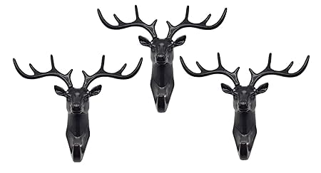 Image of Deer Head Wall Hooks Behind Door Keys Coat Hangers Self Adhesive Wall Door Hook Hanger Bag Keys Sticky Holder Plastic for Home, Living Room, Bedroom, Bathroom (Pack of 3, Black)