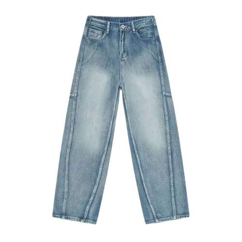 Men' American Style Denim Pants Multi-Level Patchwork Straight Buttom Loose Wide Leg Jeans