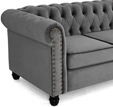 Home Detail Chesterfield Tufted Style Velvet Fabric 2 Seater Sofas & 3 Seater Couches Settee With Studded Arms & Bun Feet Living Room Furniture Sofa Chairs in Grey (3 Seater)