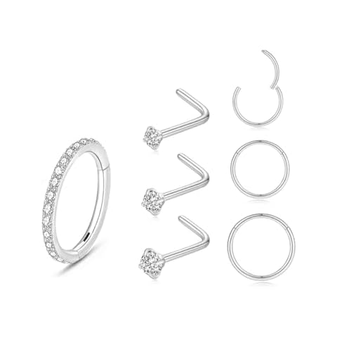 MeiziQL Silver Nose Rings nose Studs Set Surgical Steel Hinged Segment CZ Nose Hoop Hypoallergenic Cartilage Earrings Helix Daith Tragus Sleeper Piercing Jewelry L Nose Studs (7pcs Silver) Cover