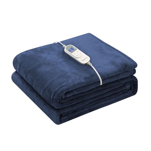 Image of Wapaneus Foot Pocket Heated Blanket Electric Throw with 10 Heating Levels and 4 Timer Settings 4 Hours Auto Shut Off, Flannel Fast-Heating Heated Throw 50 inch x 60 inch, Machine Washable, Dark Blue