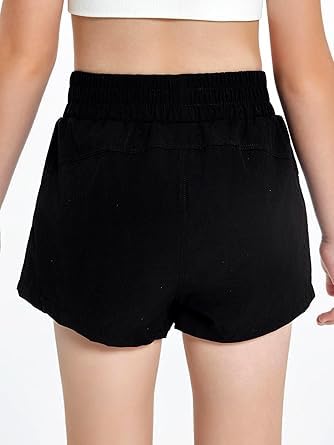 Haloumoning Mädchen Shorts 2 in 1 Sportshorts Sommer Kurze Laufshorts mit Taschen Kinder Einfarbig Running Radlerhose Sporthose 5-14 Jahre, Schwarz, 10-12 Jahre