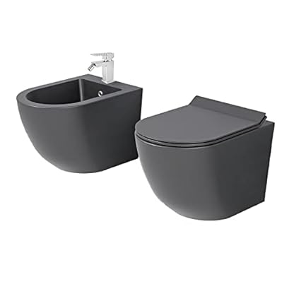 Neues Set Grau gebogener Wand-WC ohne Spülrand, MATTSCHWARZ, mit Soft-Close-Toilettensitz inklusive