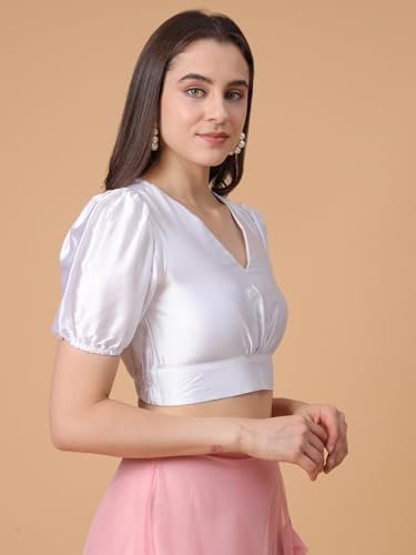 Image of Frolic Rolic Premium Silk V-Neck Blouse Readymade Saree Blouse - Designer Puff Sleeve Blouse for Wedding