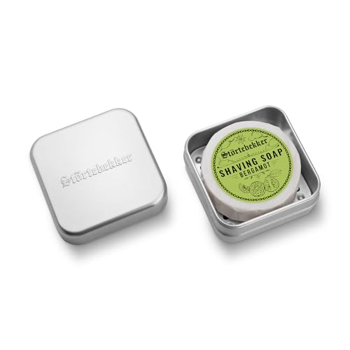 Störtebekker® Premium Savon à Rasage Bergamote & Boîte à Savon - Boîte à Savon en aluminium avec Savon à Rasage en différentes Variantes - Savon à Rasage végétalien fabriqué à la Main