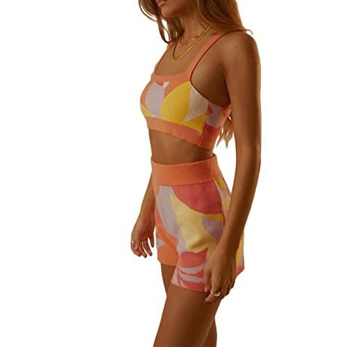 Soliloquy Women Two Piece Knitted Bodycon Outfits Sleeveless Solid Color/Tie Dye Crop Top+ Short Pants Sets Tracksuit Sweatsuit Romper(Orange Patchwork, S) #TOP2