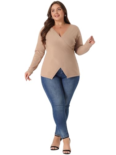 Image of Agnes Orinda Plus Size Knit Tops for Women Wrap V Neck Criss Cross Long Sleeve Asymmetrical Sweater