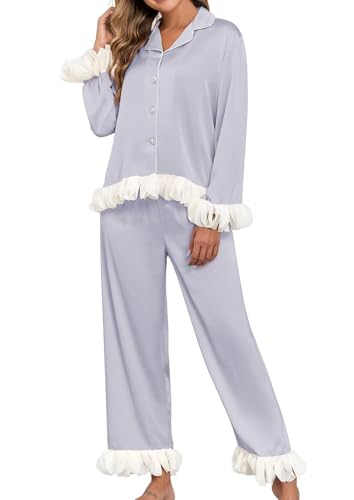Image of Brosloth Womens Silk Pajamas Set Long Sleeve Satin Button Up Sleepwear | Cute Soft Fall Pjs Sets, Lace 2 Piece Lounge Set, Elegant Bridesmaid Pajama, Skin Friendly Sleepwear for Wedding, Honeymoon