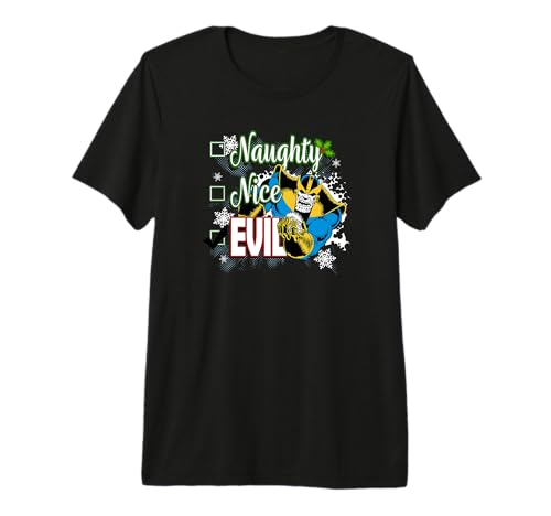 T-shirt Thanos Marvel de Noël pour homme avec liste des vilains et héros