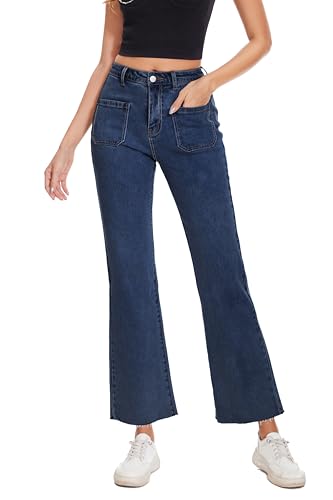 Women Straight Leg Capris Jeans Mid Rise Cropped Pants Stretchy Ankle Length with Pockets Blue4