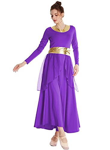Robe de danse violette à taille métallique et manches longues amples XL