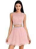 Dydsz Women's Appliques Beaded Light Pink Prom Dresses Short 2 Piece Homecoming Dress for Teens A Line Tulle Cocktail Party Gown Size 2