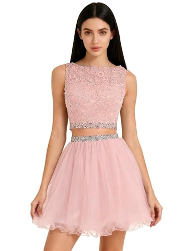 Dydsz Women's Appliques Beaded Light Pink Prom Dresses Short 2 Piece Homecoming Dress for Teens A Line Tulle Cocktail Party Gown Size 2