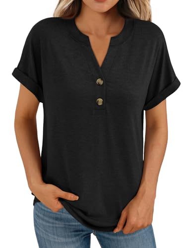 LILLUSORY Dressy Casual Womens Tops Cotton Henley V Neck Cap Sleeve T Shirts Loose Fit Basic Tshirts Summer Plus Size Clothes 2026 Black L