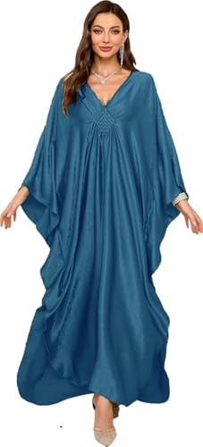 Image of RanRui Caftans for Women Solid Color Chiffon Plus Size Kaftan Dresses Beach Cover Up V Neck Batwing Sleeve Caftans Loungewear