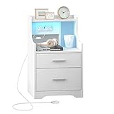 Nightstand with Charging Station & LED Lights, White Nightstand with 2 Drawers and Open Storage, Bed
