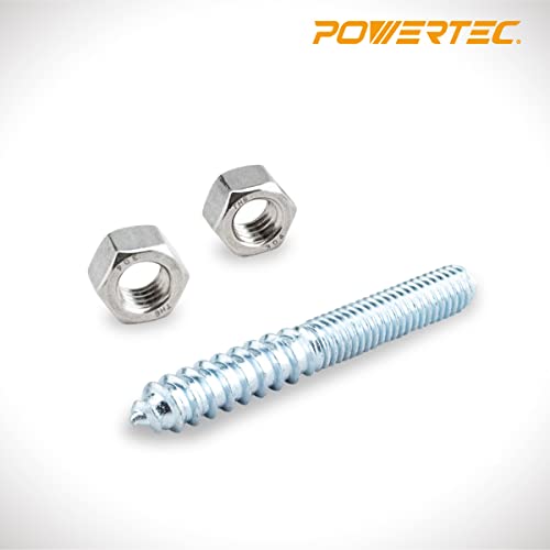 Image of POWERTEC QHB1003 Hanger Bolts 3 /8-16 x 3 Inch, with 2 Piece Bolt Installation Hex Nuts (Pack of 50)