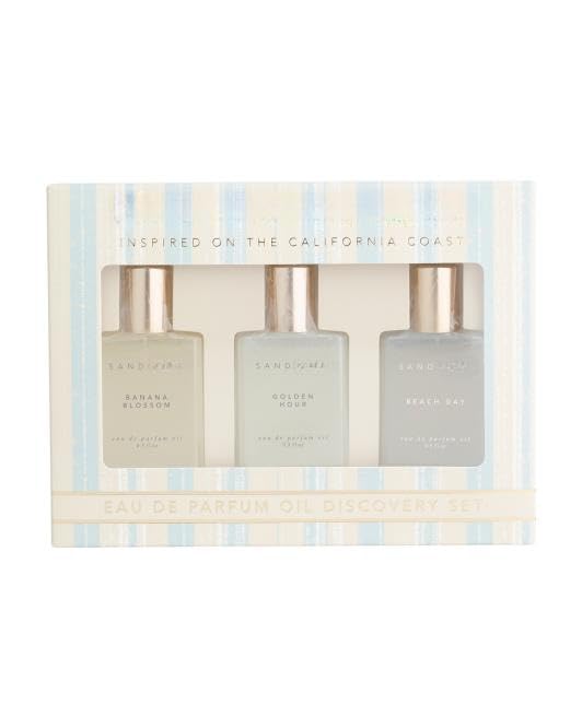 Sand and Fog Eau De Perfum 3-Pack Oil Discovery Set, 0.5 oz Rollers, Banana Blossom, Golden Hour, Beach Day