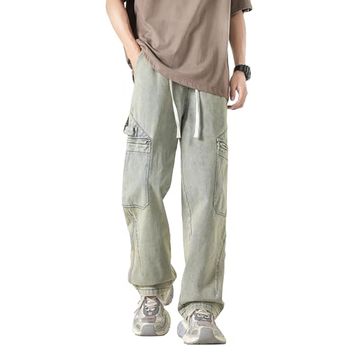 PRIJOUHE Relaxed Fit Jeans for Men Straight Leg Baggy Jeans Hip Hop Elastic Waist Denim Pants with Drawstring4