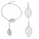 WCRAZYE Bohemian Leaf Earrings and Necklace Set for Women Unique Simple Gold Silver Lightweight Cutout Leaf Dangle Drop Earrings Fashion Filigree Leaf Y Necklace Gold Leaves Y Lariat Necklace Choker Jewelry Gifts (Silver)