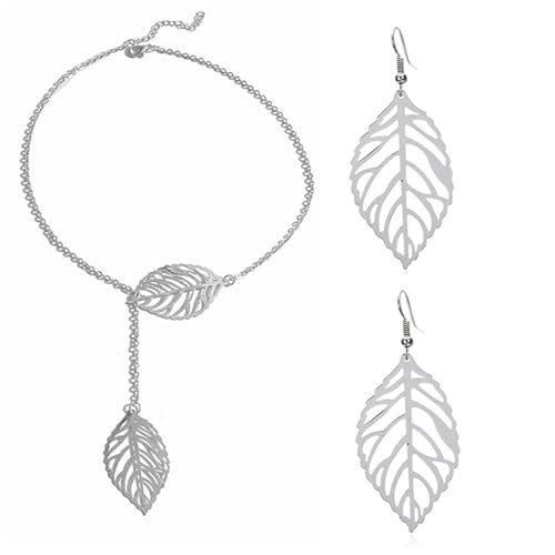 WCRAZYE Bohemian Leaf Earrings and Necklace Set for Women Unique Simple Gold Silver Lightweight Cutout Leaf Dangle Drop Earrings Fashion Filigree Leaf Y Necklace Gold Leaves Y Lariat Necklace Choker Jewelry Gifts (Silver)