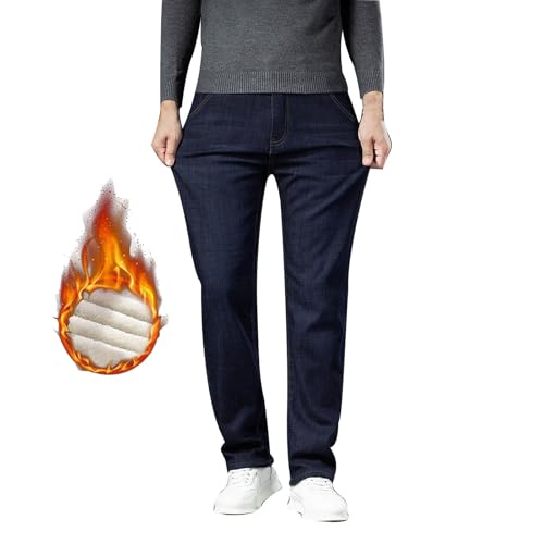 Mens Fleece Lined Jeans Denim Thermal Trousers for Men UK Cold Weather Thick Work Fleece Lining Pants with Pockets Male Teddy Loose Workwear for Hiking Camping Climbing