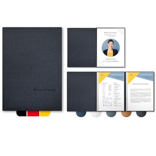 5 Stück 3-teilige Bewerbungsmappen Esclusiva® Exzellent in Anthrazit mit 2 Klemmschienen // in 1A-Premium-Qualität mit hochwertiger Flach-Prägung „BEWERBUNG“ // Produkt-Design von 'Mario Lemani'