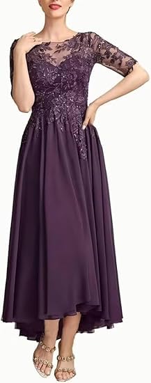 Lace Mother of The Bride Dresses Tea Length Chiffon Applique Formal Evening Gowns with Short Sleeves3