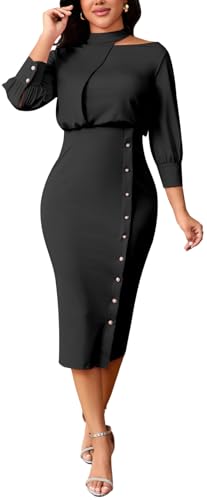 Image of shengfan Women's Casual Long Sleeve Work Bodycon Midi Dresses Round Neck Formal Wedding Cocktail Party Wrap Pencil Dress