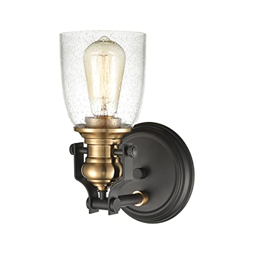 Image of Elk Home Chadwick 1-Light Industrial Vanity Wall Sconce - Oil Rubbed Bronze & Antique Brass, Seeded Glass Shade, 10-Inch High