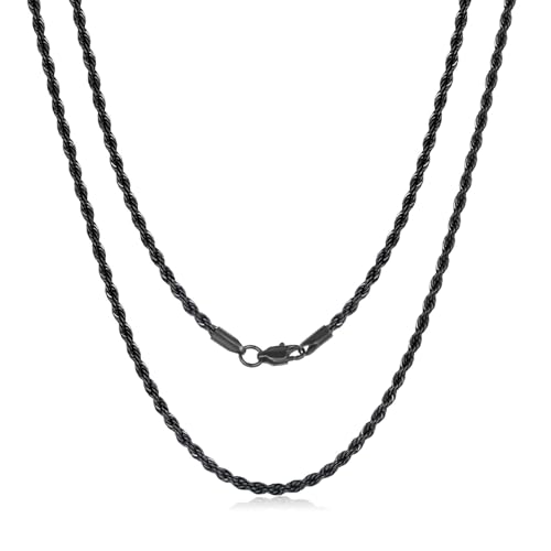 Black Chains for Men, Stainless Steel Rope Chain Necklace for Men and Women, 2.5mm 3mm 4mm 5mm Twist Mens Necklace