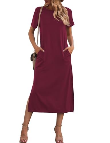 Image of Naggoo Summer Dresses for Women Short Sleeve Side Slit Long T Shirt Dress Beach Sundress Travel Vacation Outfits with Pockets