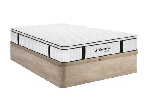 Vente-unique – Conjunto de 140 x 190 cm somier de Maletero Natural Claro + colchón antifuego muelles ensacados y cubrecolchón Integrado de 28 cm – Delice de DREAMEA Hotel