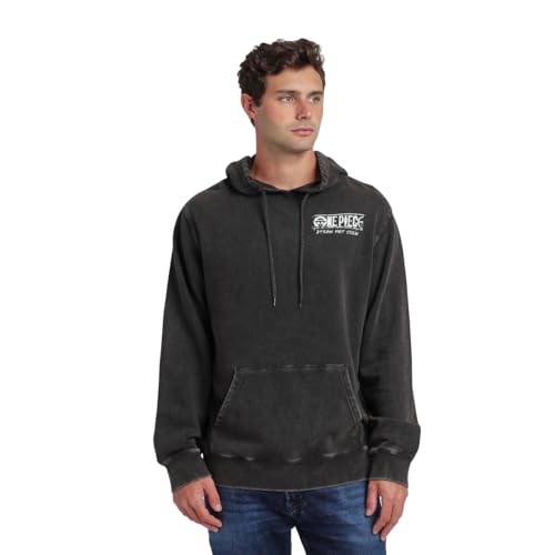 Bioworld One Piece Animated Series Oversized Character Art Mens Black Mineral Wash Long Sleeve Hooded Sweatshirt-XL