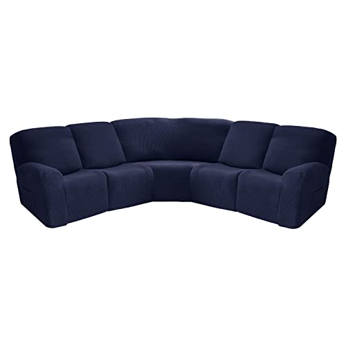 7-Piece L Shape Sectional Recliner Sofa Covers 4 Seater & 1 Corner Seat,Stretch Jacquard Reclining Couch Cover Slipcover for Reclining L Shape 5 Seat Recliner Corner Sofa(Navy Blue,Jacquard)