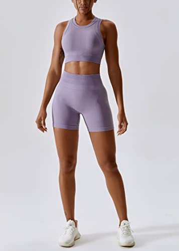 Image of Workout Sets for Women 2 Piece Seamless Ribbed Tank Top Sport Bra High Waist Biker Shorts GYM Yoga Exercise Outfits